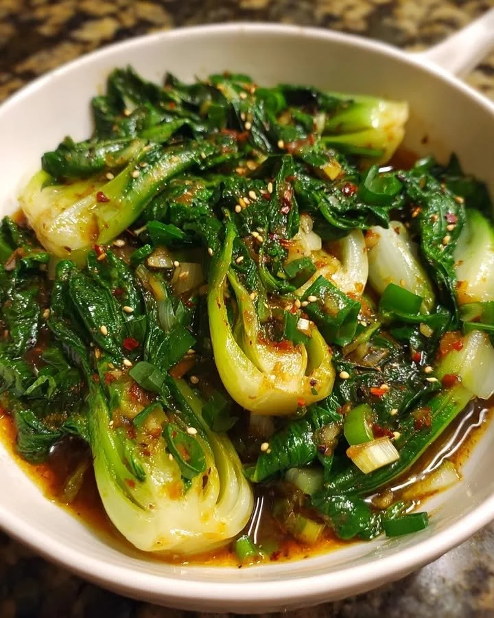 Bok Choy sautéed in garlic sauce served in a bowl