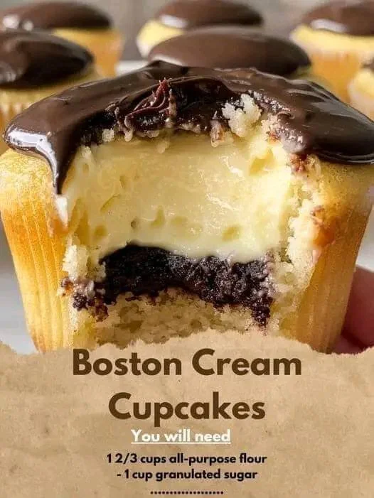 Boston Cream Cupcakes with custard filling and chocolate ganache topping