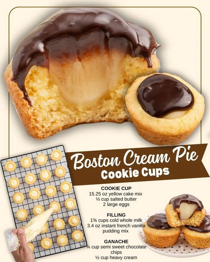 Delicious Boston Cream Pie Cookie Cups filled with creamy custard and chocolate glaze