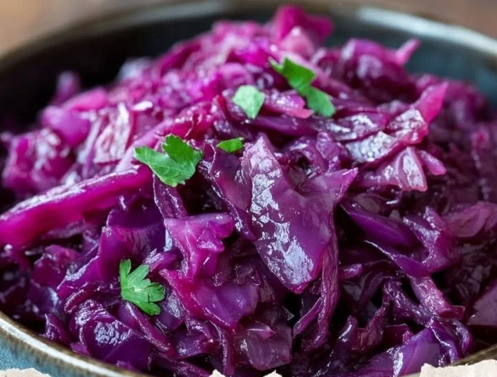 Delicious plate of braised red cabbage garnished and ready to serve.