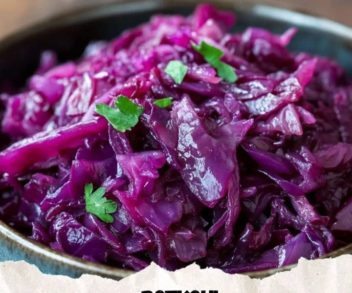 Serving of braised red cabbage in a bowl, showcasing vibrant colors and texture.