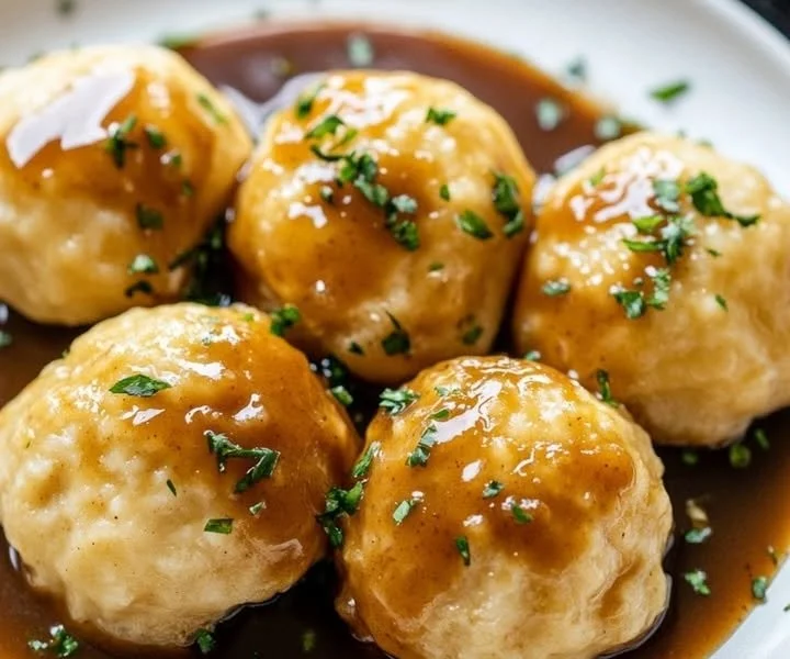 Plate of homemade bread dumplings served with gravy