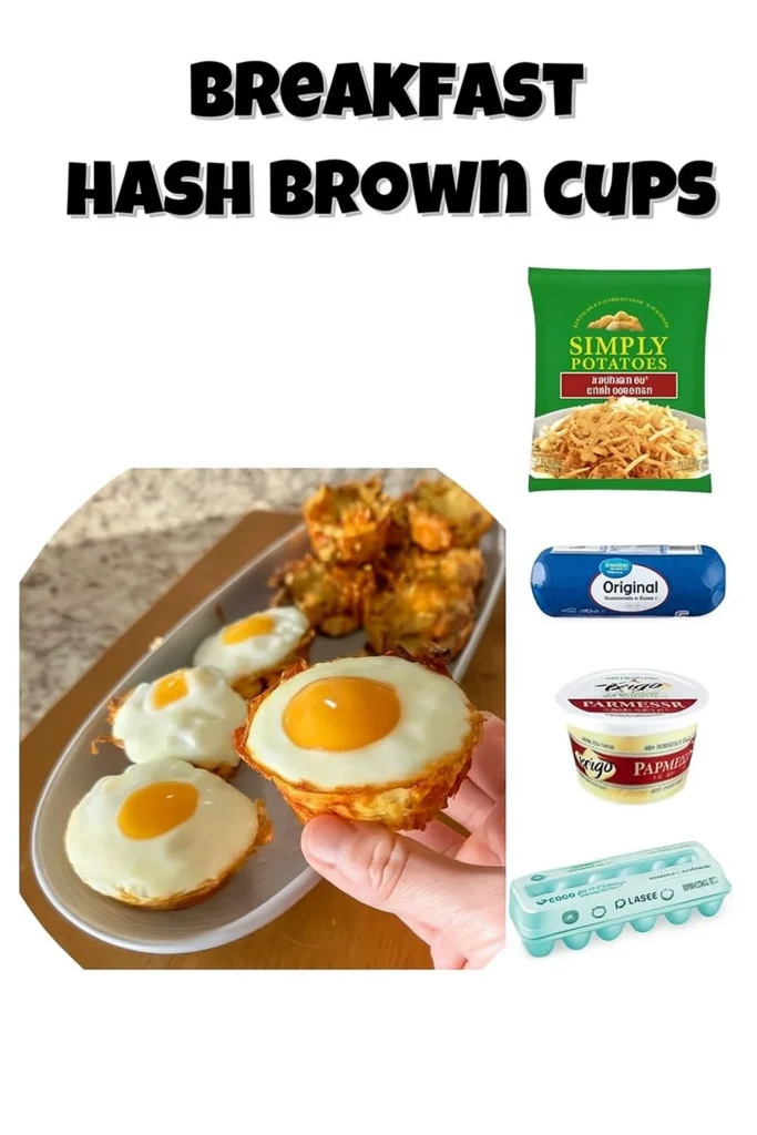 Golden brown breakfast hash brown cups filled with eggs and cheese.