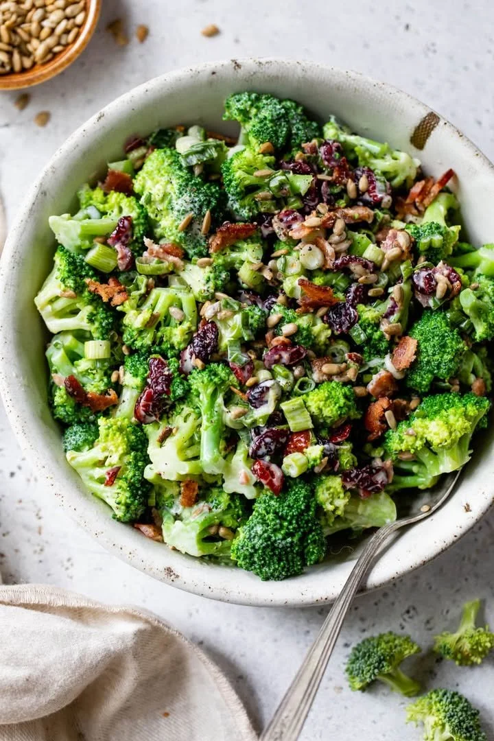 Delicious Broccoli Bacon Salad served in a bowl with fresh ingredients