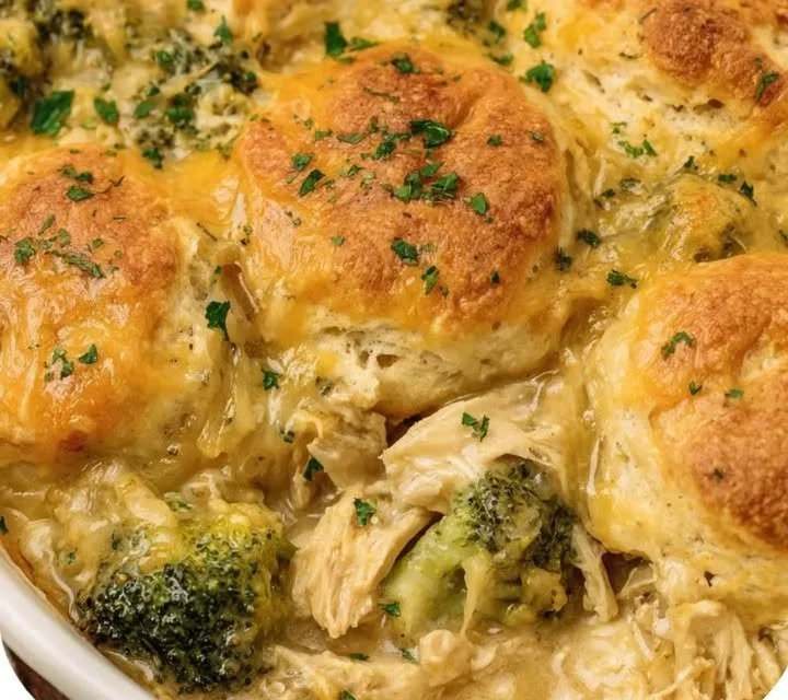 Broccoli Cheddar Biscuit Casserole served in a baking dish, garnished and ready to enjoy.