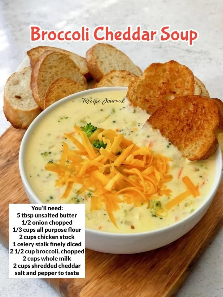 Bowl of creamy broccoli cheddar soup with fresh broccoli and cheese garnish