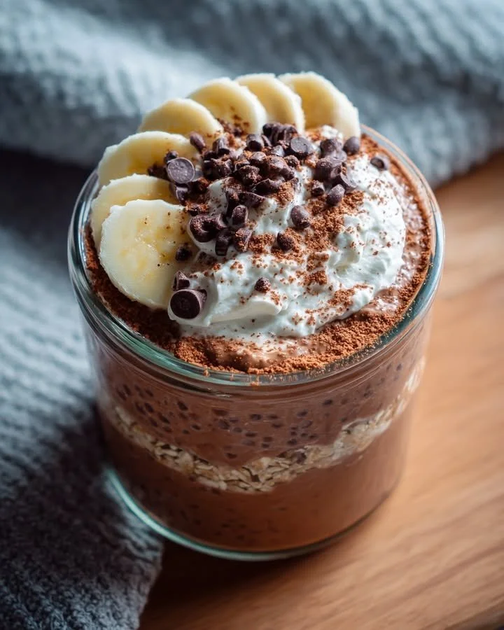 Brownie Batter Overnight Protein Oats topped with chocolate and nuts