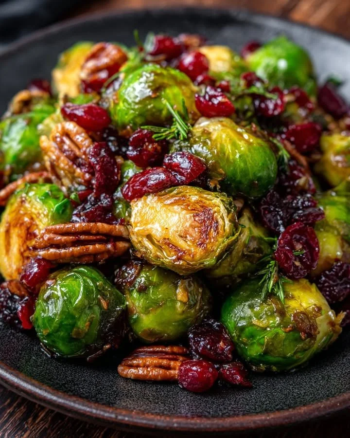 Brussels sprouts with cranberry-orange glaze served in a festive dish