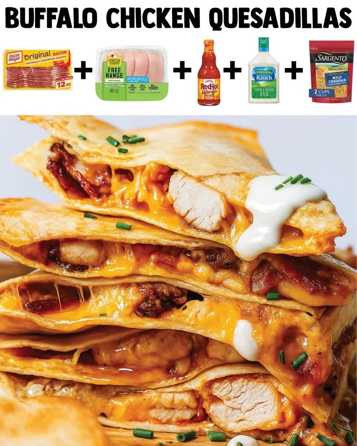 Buffalo Chicken Bacon Quesadillas on a plate with melted cheese and toppings.