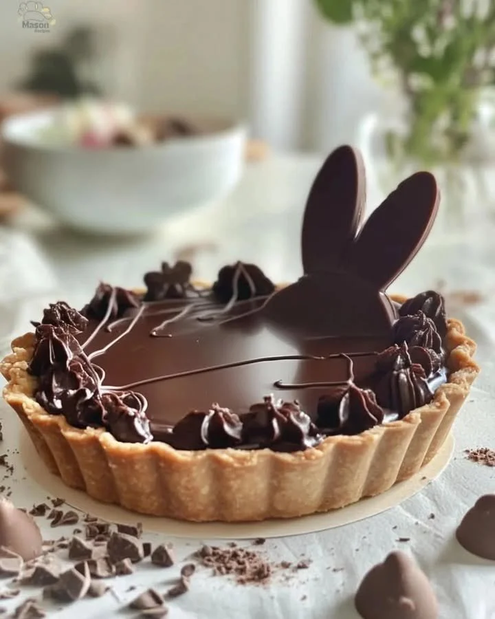 Bunny-shaped chocolate truffle tart decorated with chocolate ganache and easter eggs