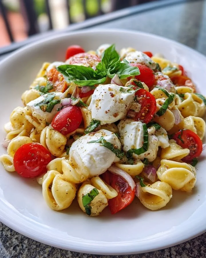 Burrata and basil snail pasta salad drizzled with garlic vinaigrette