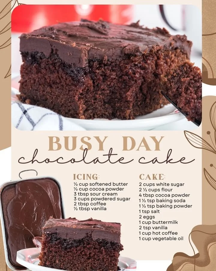 Busy Day Chocolate Cake topped with rich chocolate frosting