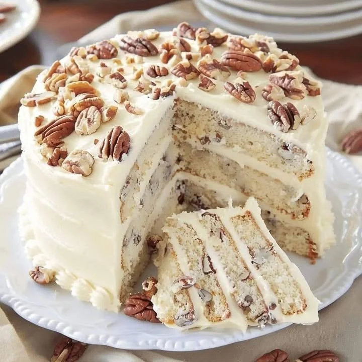 Delicious homemade Butter Pecan Cake topped with pecans and caramel
