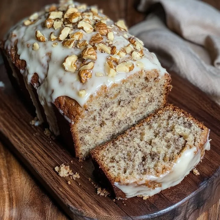 Delicious Butter Pecan Cake topped with creamy icing and pecan pieces