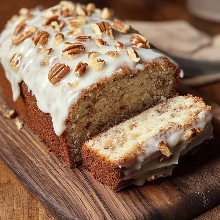 Delicious Butter Pecan Loaf Cake topped with crunchy pecans and a buttery glaze.