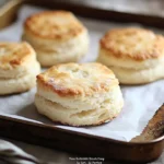 Fluffy and golden brown buttermilk biscuits on a rustic table.