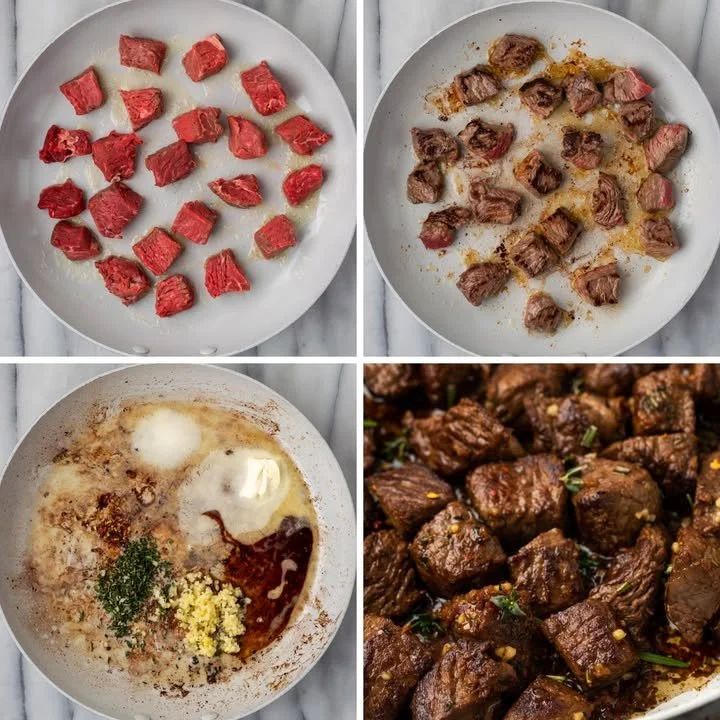 Plate of buttery garlic steak bites garnished with herbs