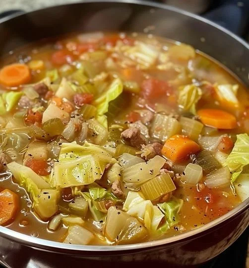 Bowl of healthy cabbage soup with vegetables and herbs
