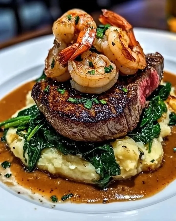 Cajun Kissed Surf & Turf featuring seared steak, creamy shrimp, and buttery mashed potatoes