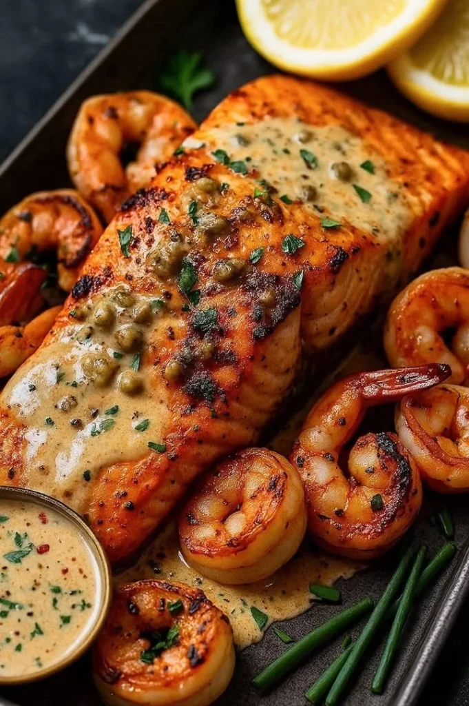 Cajun salmon and shrimp in creamy garlic herb sauce on a plate