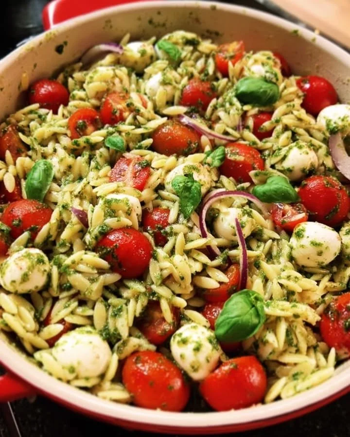 Caprese Orzo Salad with fresh tomatoes, mozzarella, and basil pesto in a bowl.
