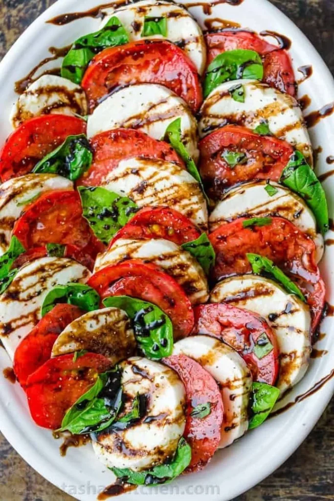 Delicious Caprese Salad with fresh mozzarella, tomatoes, and basil
