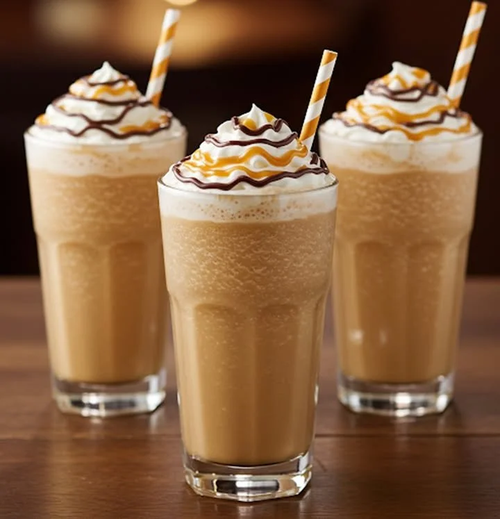 Delicious Caramel and Chocolate Blended Coffee drink topped with whipped cream.