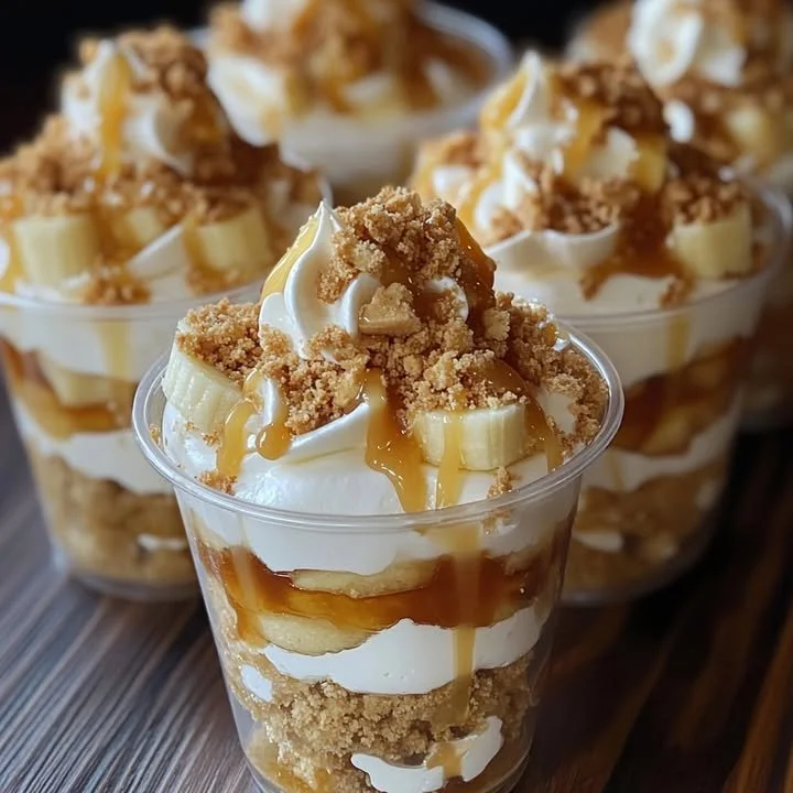 Caramel and creamy banana pudding cups in clear dessert cups