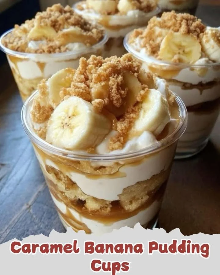 Caramel banana pudding cups layered with whipped cream and caramel drizzle