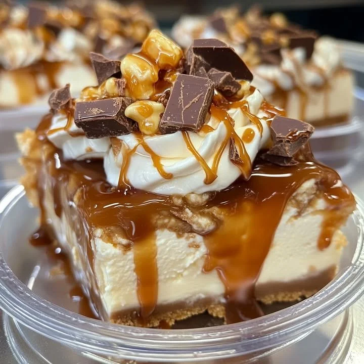 Delicious caramel cheesecake topped with caramel candy bars