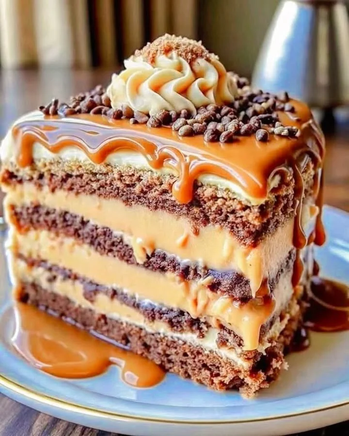 Slice of Caramel Coffee Layer Cake with rich layers of coffee and caramel frosting.