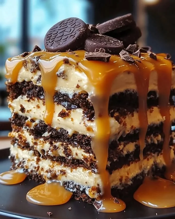 Slice of Caramel Cookie Crunch Layer Cake with caramel drizzle and cookie crumble topping.
