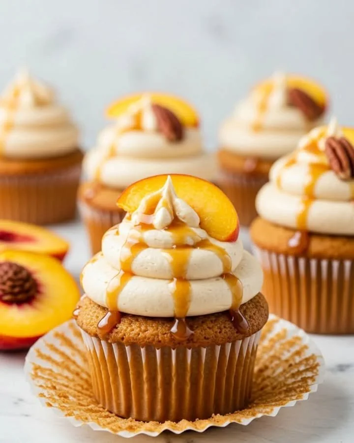 Delicious caramel peach cupcakes with peach slices and caramel drizzle