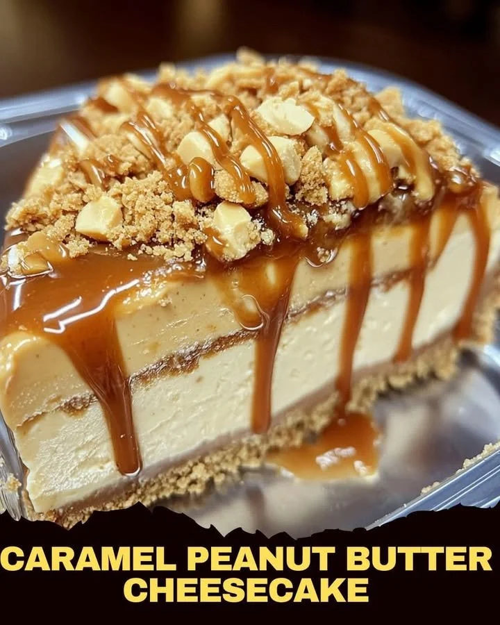 Delicious Caramel Peanut Butter Cheesecake topped with drizzled caramel and nuts