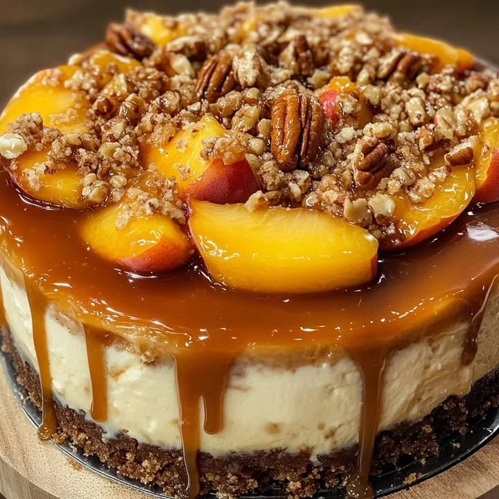 Caramel Pecan Peach Cheesecake topped with caramel and pecans