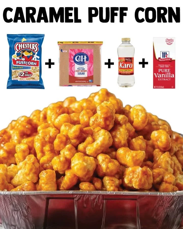 Delicious bowl of homemade Caramel Puff Corn snack with caramel drizzle
