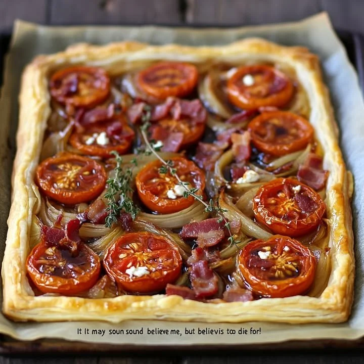 Caramelized onion and cherry tomato tart recipe on a wooden platter