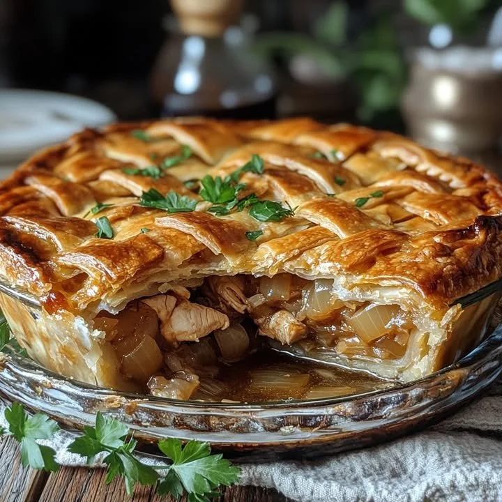 Caramelized Onion & Chicken Pie served on a rustic wood table