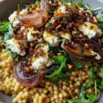 Caramelized Shallot and Herbed Goat Cheese Couscous Salad on a plate with herbs.