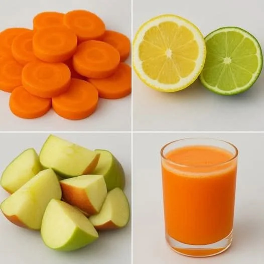 Freshly squeezed carrot, lemon lime, and apple juice in a glass