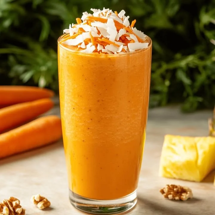Refreshing Carrot Pineapple Coconut Smoothie served in a glass with fruit garnishes.