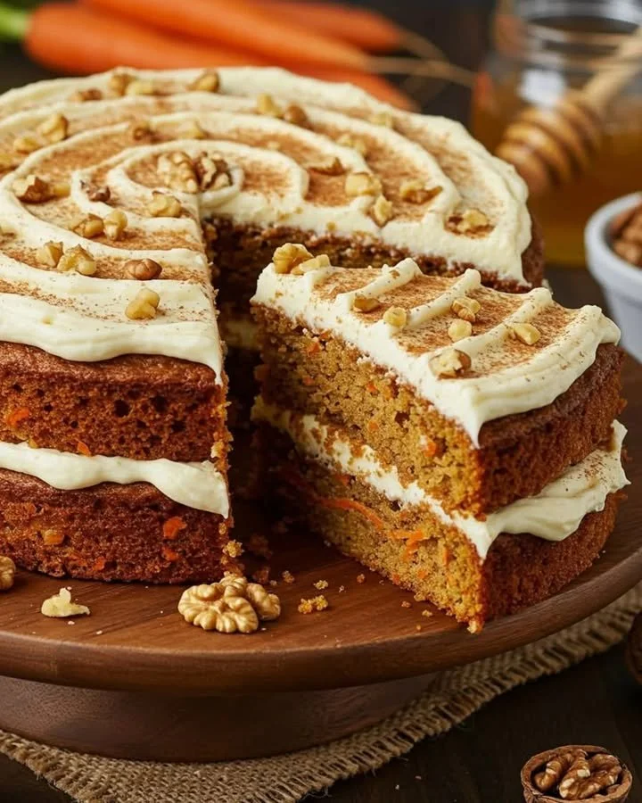 Delicious slice of Carrot Walnut Cake topped with nuts and cream