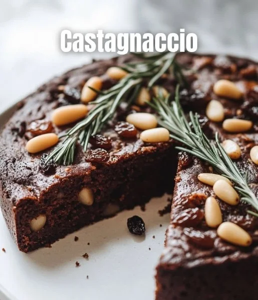 A slice of Castagnaccio, the traditional chestnut flour cake, garnished with nuts.