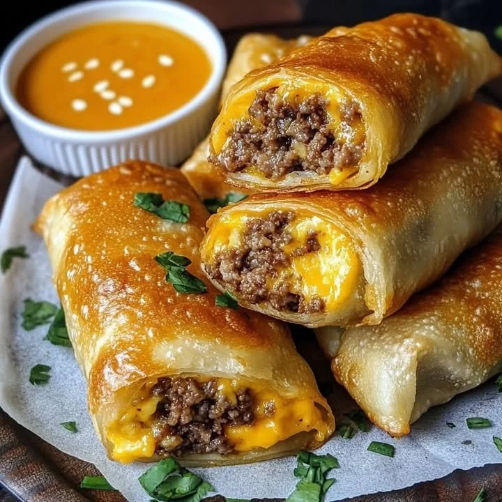 Delicious cheeseburger egg rolls served with dipping sauce