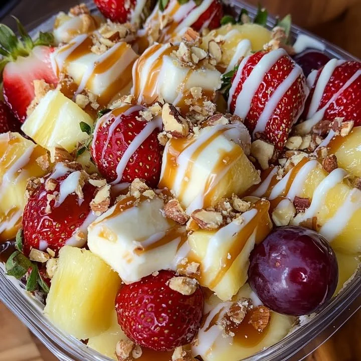 Delicious cheesecake fruit salad with fresh fruits topped with creamy cheesecake dressing