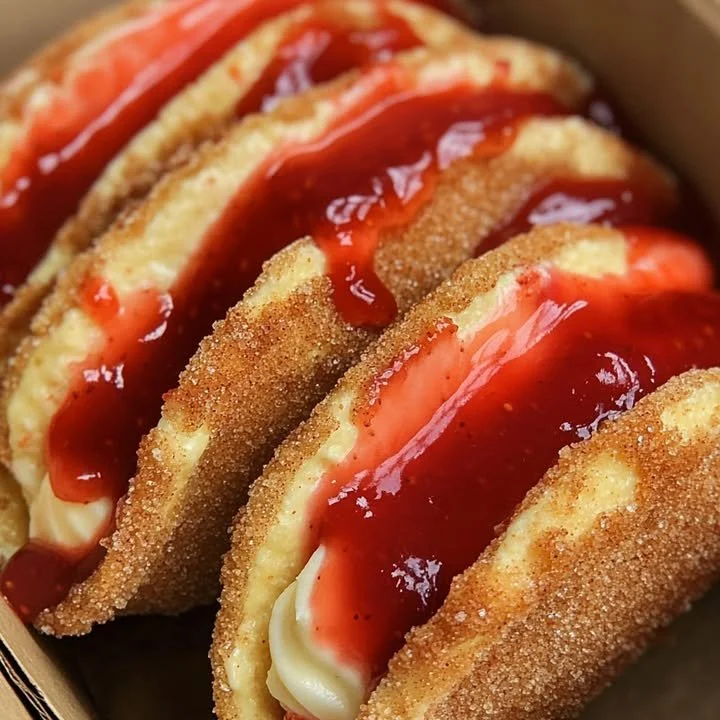 Delicious cheesecake strawberry tacos topped with fresh strawberries.