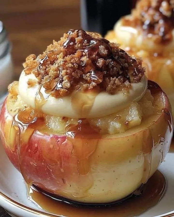 Delicious cheesecake stuffed baked apples topped with a sprinkle of cinnamon.