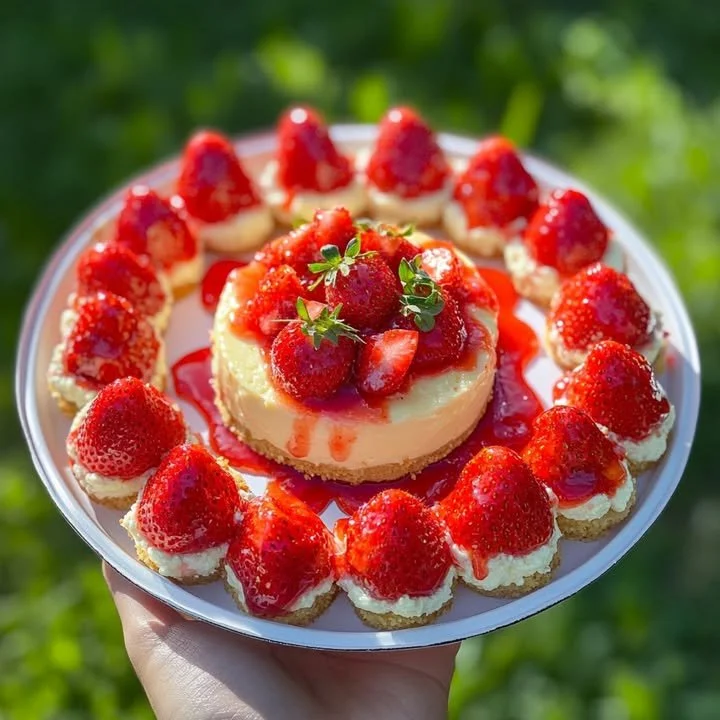 Cheesecake-stuffed strawberries with red crumb topping on a white plate