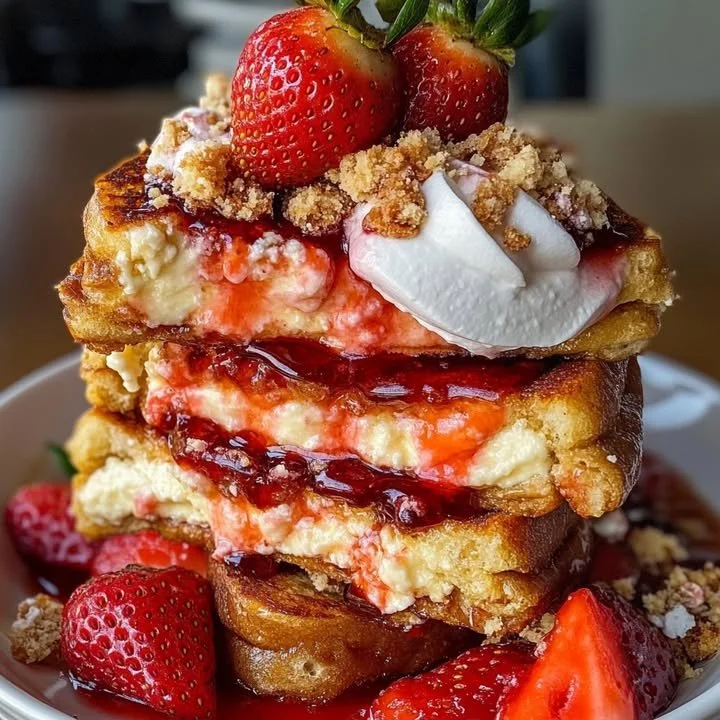 Delicious cheesecake stuffed strawberry shortcake French toast on a plate