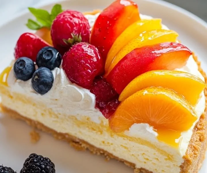 Delicious cheesecake topped with fluffy whipped cream served on a plate.
